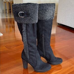 Black Faux Suede Knee-High Boots with Faux Fur Cuff